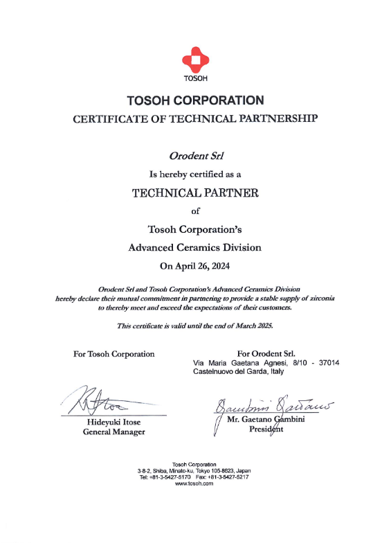 TOSOH CORPORATION CERTIFICATE OF TECHNICAL PARTNERSHIP